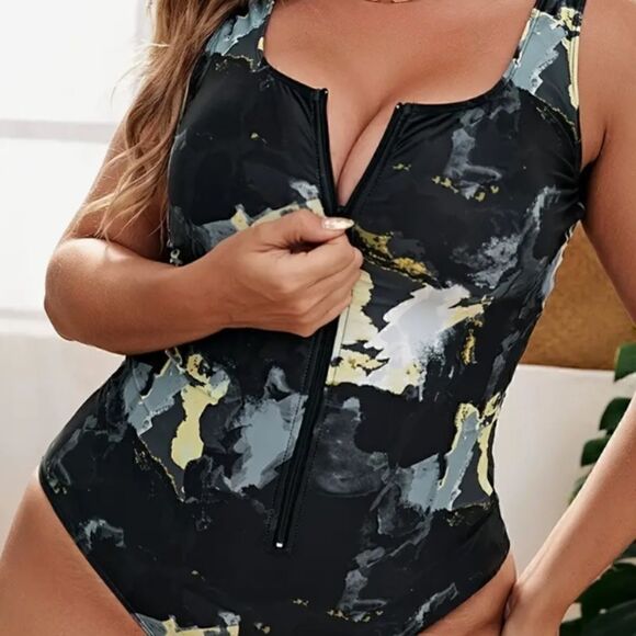 NEW! Women Plus Size Tie Dye Zipper Square Neck One Piece Swimsuit High … - Picture 1 of 4